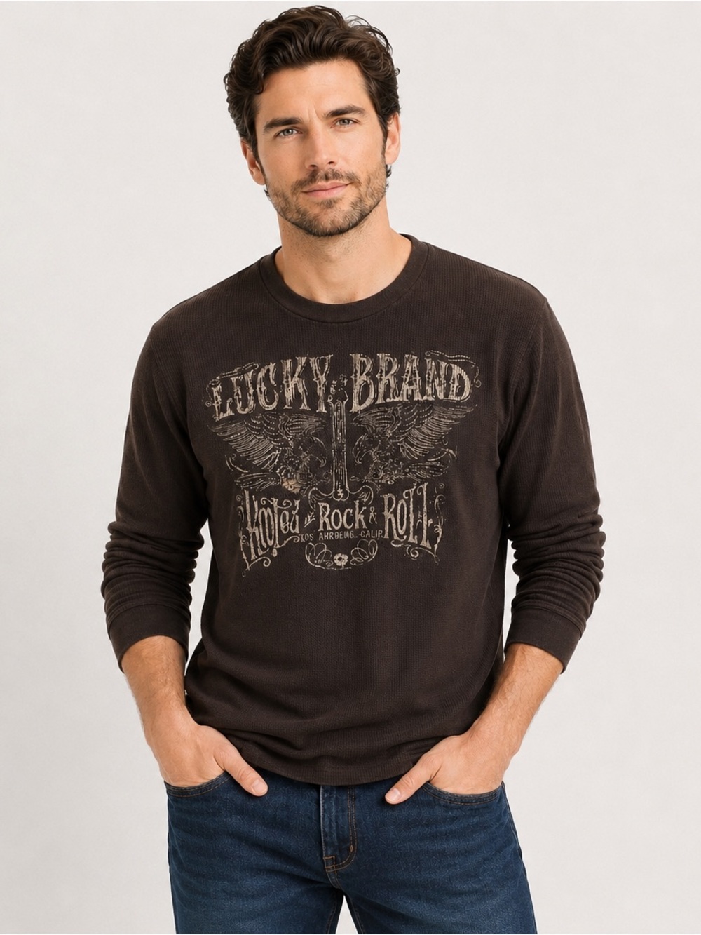 Lucky Brand Men’s Rock & Roll Thermal Shirt Large Brown Waffle Knit Graphic Top